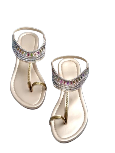 Golden Toe-Ring Flat Sandals with Crystal Embellished Strap