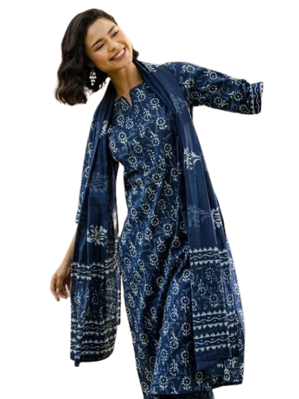 Women’s Indigo Block Print Kurta Set with Dupatta