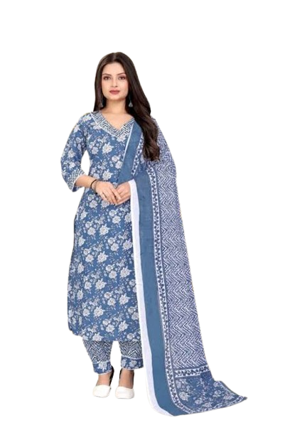 Women’s Blue and White Floral Print Cotton Suit Set