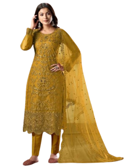 Women’s Heavy Embroidered Net Kurti with Dupatta and Pants Set
