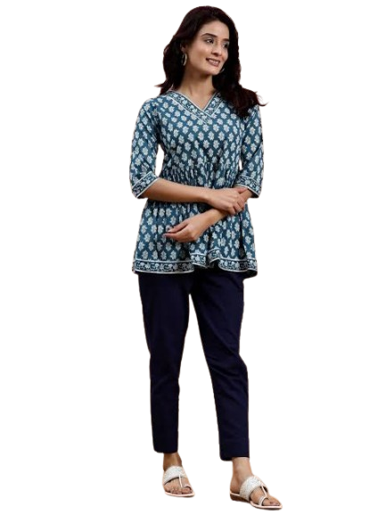 Women’s Blue Printed Peplum Kurti with Pants