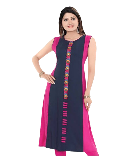 Women’s Navy Blue & Pink Embroidered Rayon A-Line Kurta