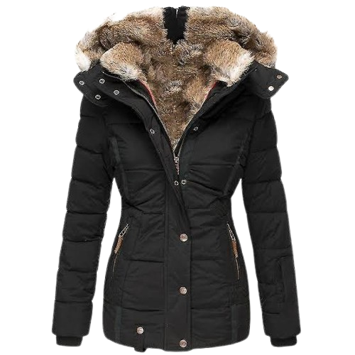 The Alpine Cozy: Women's Black Puffer Jacket with Full Faux Fur Lining