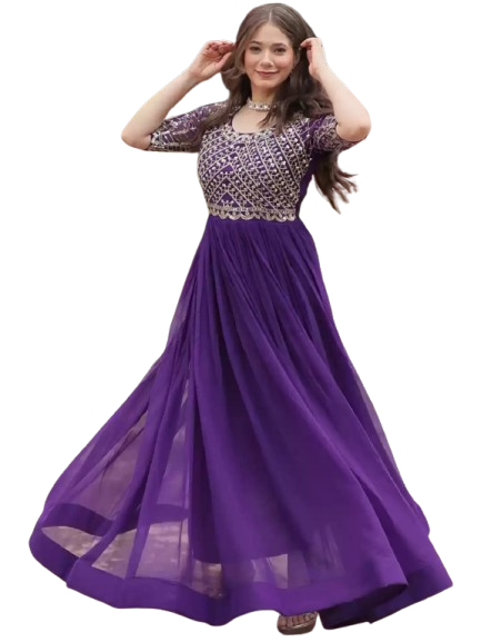 The Amethyst Blossom: Elegant Purple Georgette Embroidered Gown