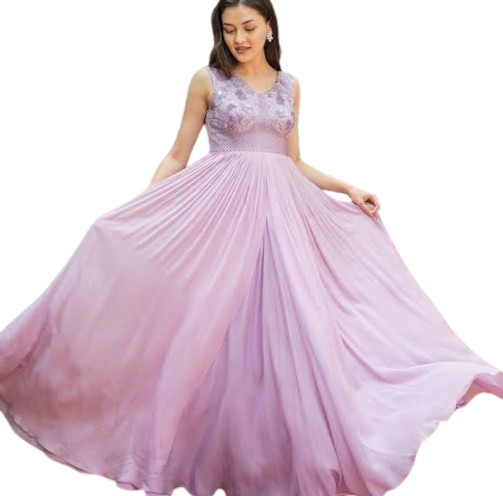 Lavender Net and Chiffon Embroidered Sleeveless Gown