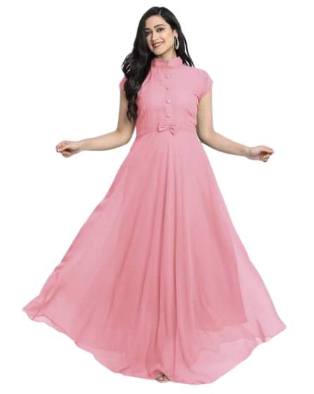 Sweet Baby Pink Georgette Maxi Dress with High Neck and Bow