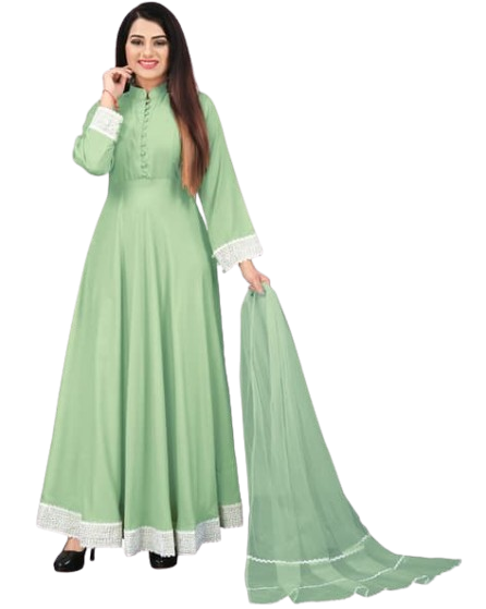 Pistachio Green Anarkali Gown with Bell Sleeves and Dupatta Set