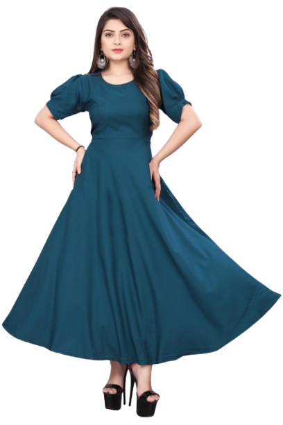 Solid Teal Blue Flared Anarkali Gown with Puffed Sleeves