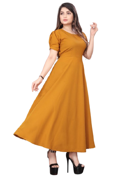 Mustard Yellow Solid Flared Maxi Dress with Puff Sleeves