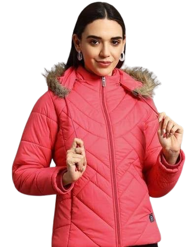 Stylish Coral Pink Quilted Puffer Jacket with Faux Fur Hood