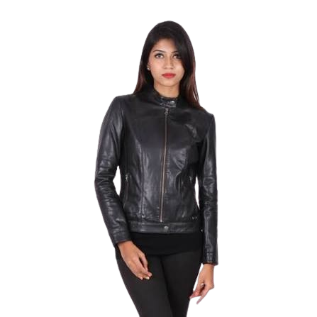 Sleek Black Stand Collar Leather (or Faux Leather) Jacket