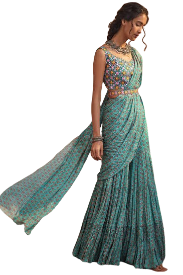 The Teal Draped Ready-to-Wear Saree Lehenga Set