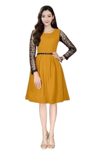 Mustard Yellow Skater Dress with Black Lace Sleeves and Belt