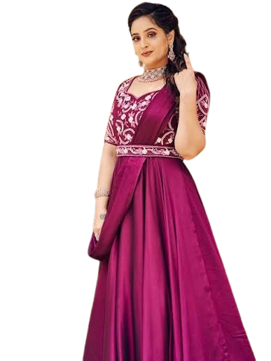 Maroon Silk Gown-Style Lehenga with Embroidered Peplum Top