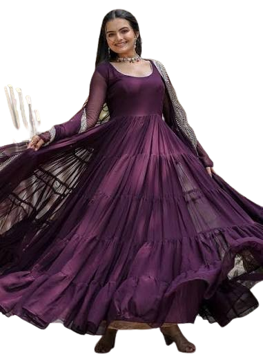 Regal Deep Purple Georgette Tiered Anarkali Gown with Dupatta