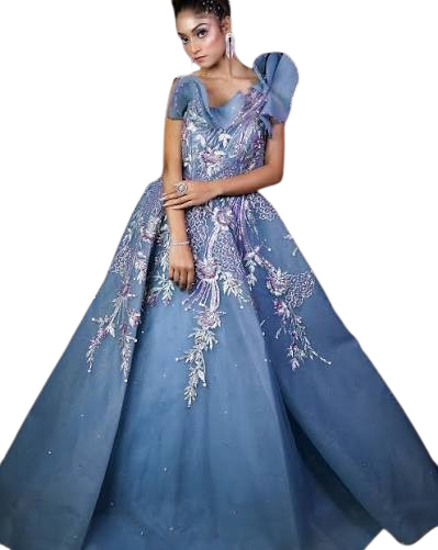Majestic Dusty Blue Ball Gown with 3D Floral Embroidery