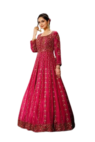 Luxurious Fuchsia Embroidered Anarkali Gown with Full Sleeves