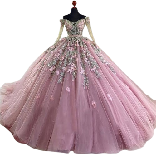 Luxury Pink Floral Applique Off-Shoulder Ball Gown