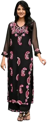 Women’s Black Georgette Kurta Set with Embroidered Dupatta Look