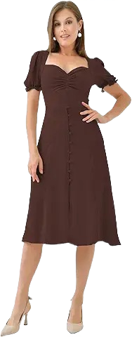 Women’s Elegant Sweetheart Neck Midi Dress with Puff Sleeves – Coffee Brown