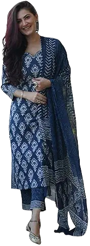 Women’s Navy Blue Printed Cotton Kurta Set with Pant & Dupatta