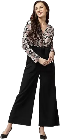 Women’s Stylish Snake Print Top with High-Waist Black Palazzo Pants – Jumpsuit Style