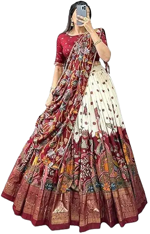 Traditional Maroon & Cream Printed Silk Lehenga Choli with Dupatta