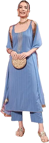 Women’s Sky Blue Straight Kurta Set with Pants and Dupatta