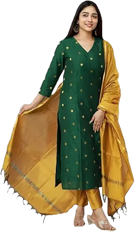 Women’s Green Kurta Set with Golden Pants and Dupatta