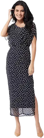 Women’s Black Polka Dot Maxi Dress with Side Slit