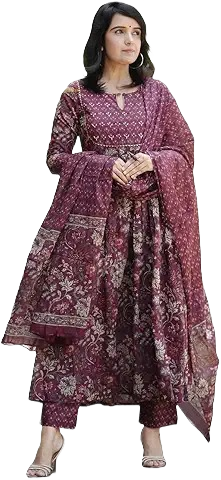 Women’s Maroon Cotton Printed Anarkali Kurta Set with Dupatta