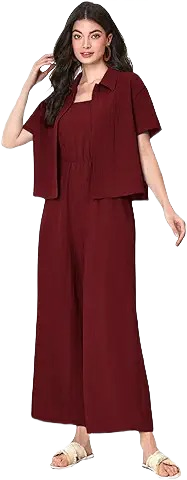 Women’s 3-Piece Co-Ord Set – Maroon Shrug, Top & Wide-Leg Pants