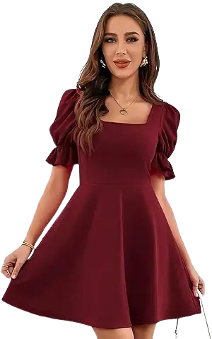 Elegant Square Neck Maroon Mini Dress with Puff Sleeves