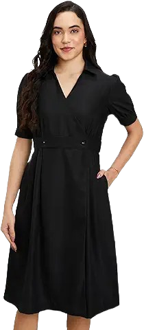 Women’s Classic Black Midi Dress with Collar & Short Sleeves