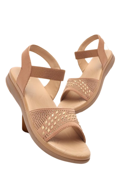 Beige Block Heel Sandals with Elastic Strap