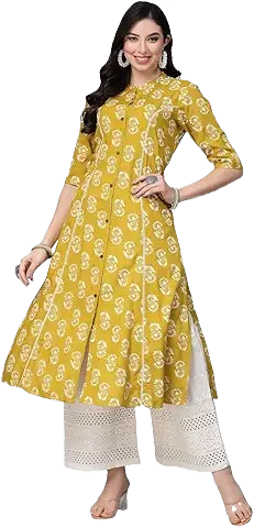 Women’s Mustard Yellow Printed A-Line Kurta with Palazzo