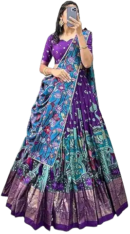 Traditional Silk Printed Lehenga Choli with Dupatta – Purple & Teal