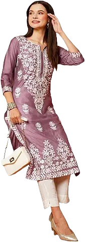 Women’s Lavender Embroidered Straight Kurti with White Pants