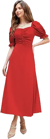 Women’s Elegant Square Neck Puff Sleeve Midi Dress – Red