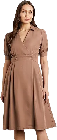 Women’s Elegant Midi Wrap Dress with Puff Sleeves – Coffee Brown