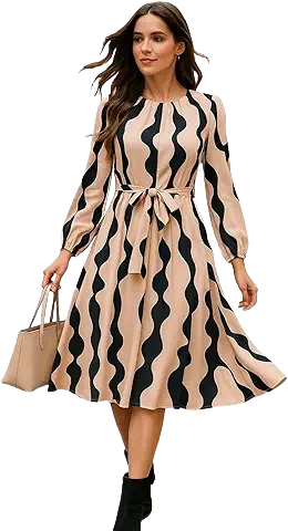 Women’s Long Sleeve A-Line Midi Dress with Belt – Beige & Black Wave Print
