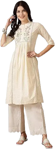 Women’s Off-White Cotton Embroidered Kurta with Palazzo