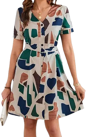 Women’s Printed Button-Down Short Sleeve A-Line Dress with Belt