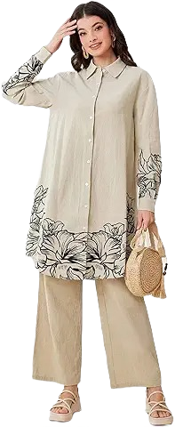 Women’s Beige Floral Printed Shirt & Pant Co-ord Set
