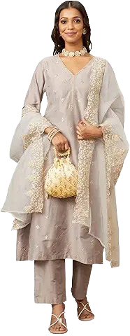 Women’s Beige Embroidered Kurta Set with Pants and Dupatta