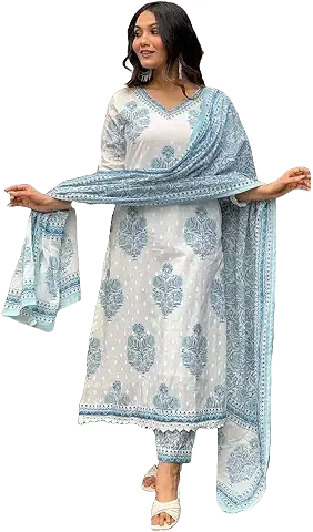 Women’s Cotton Printed Kurta Set with Dupatta – Light Blue & White