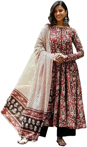 Women’s Red & Black Printed Anarkali Kurta Set with Dupatta