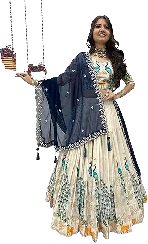 Royal Peacock Printed Lehenga Choli with Navy Dupatta – Ivory & Blue