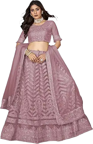 Elegant Dusty Pink Embroidered Net Lehenga Choli with Dupatta