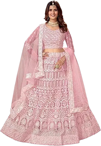 Designer Pink Embroidered Net Lehenga Choli with Dupatta